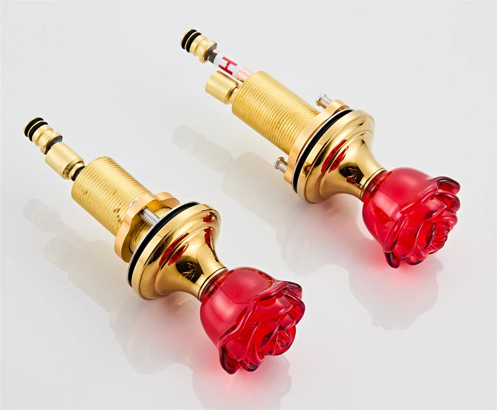 Gold Red Rose Basin Faucet Widespread Sink Tap