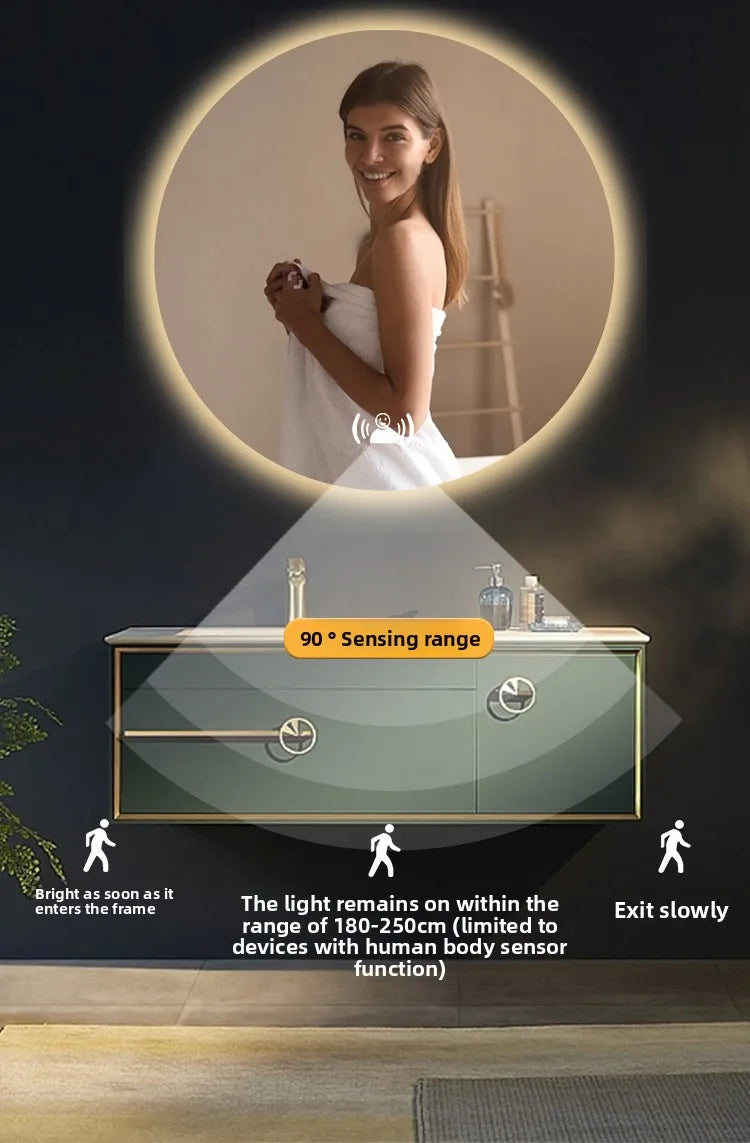 Round Smart Bathroom Mirror Wall-Mounted Led Light Touch