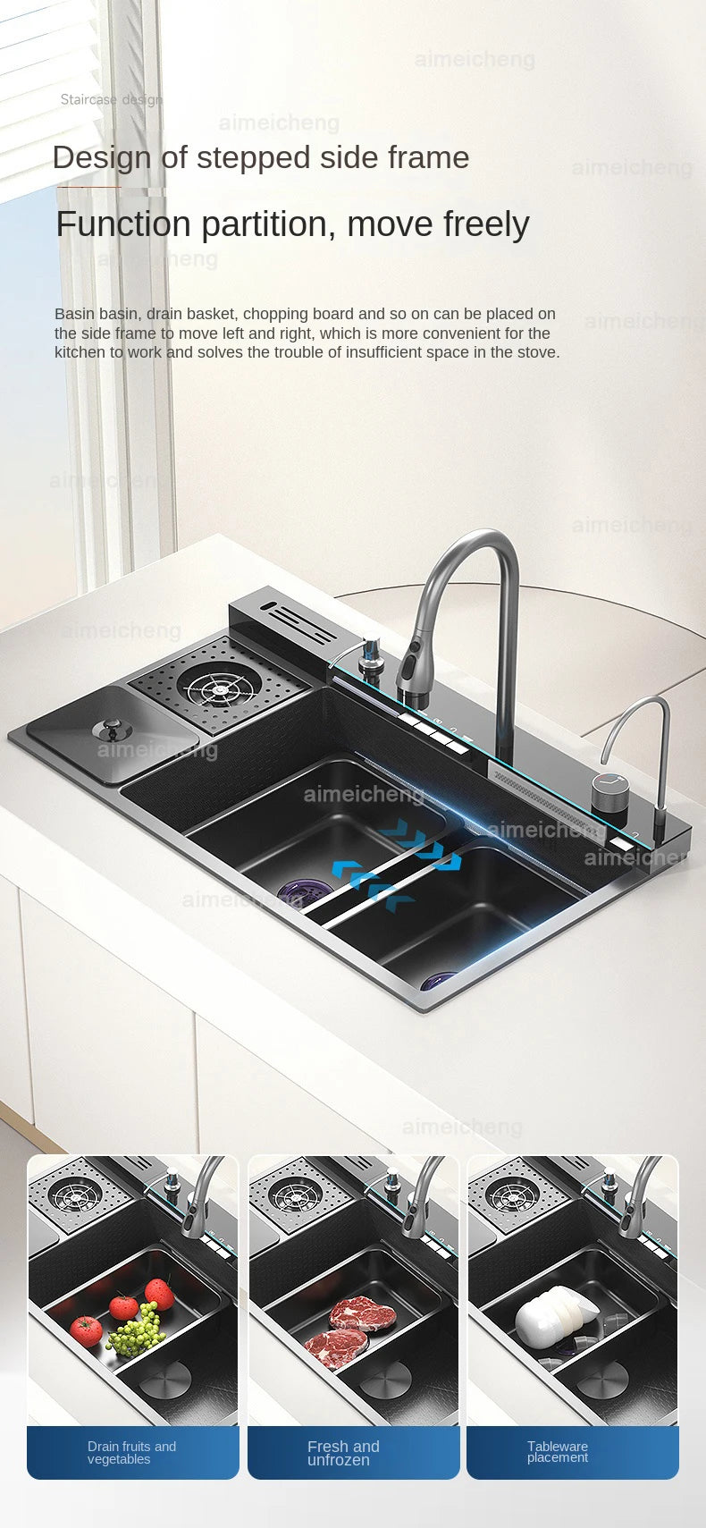Stainless Steel Sink Waterfall Trash Can Cup Wash