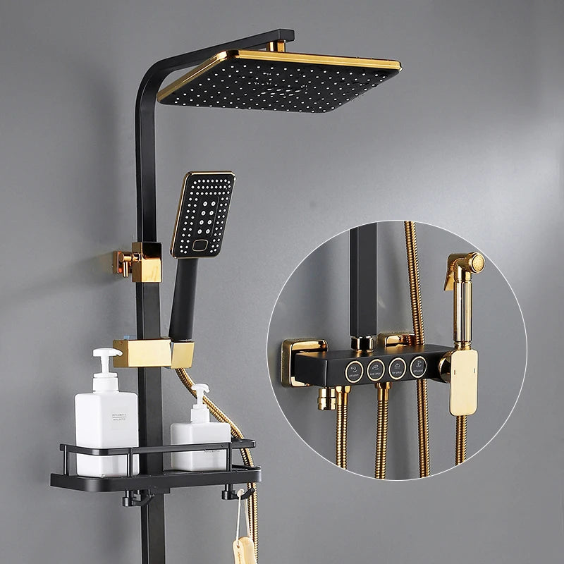 Luxury Thermostatic Bathroom Shower System White Gold Brass