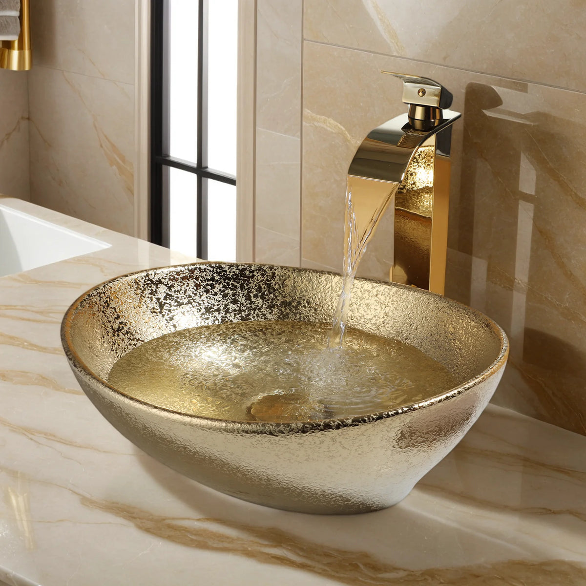 Kemaidi Oval Vessel Sink Faucet White Marbling Bathroom