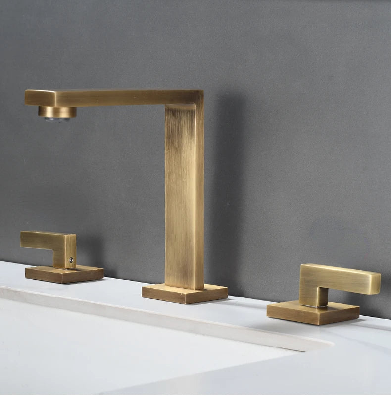 Brushed Gold Basin Faucet Solid Brass Three Hole