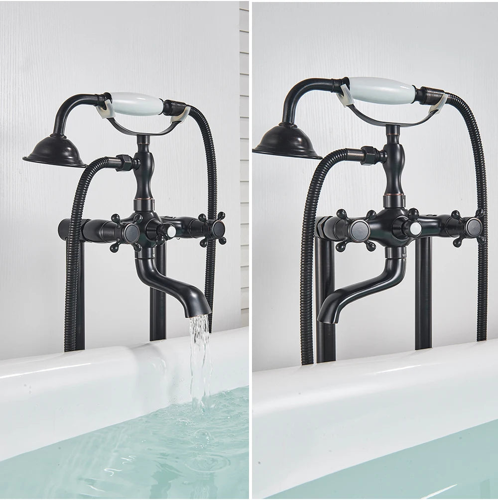 Antique Brass Floor Mounted Bathtub Shower Faucet Dual