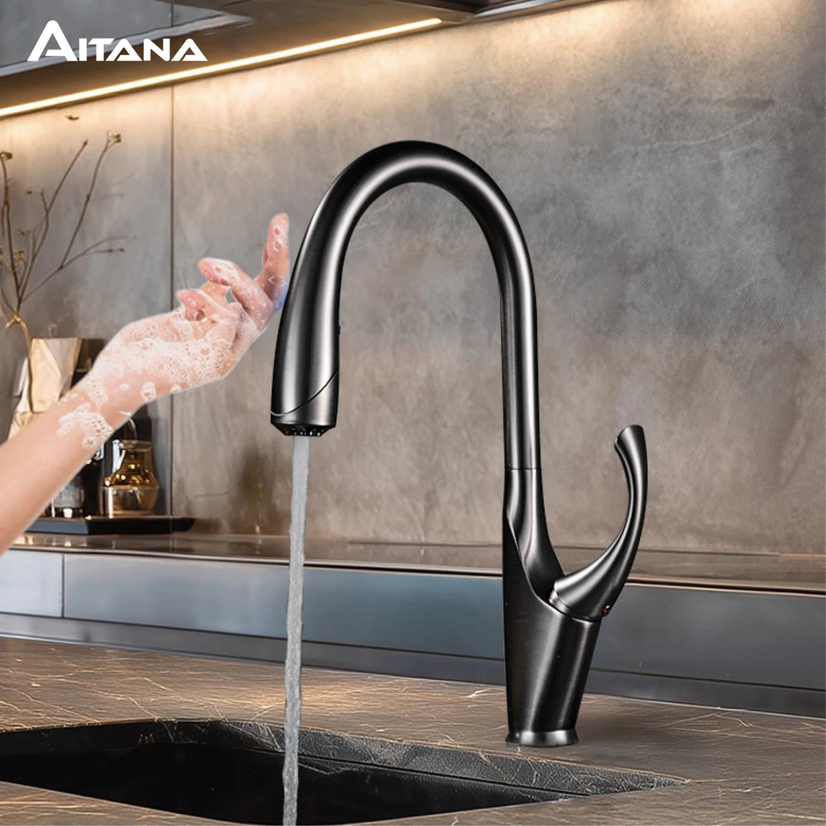 High-End Touch Black Faucet Brass Pull-Out Design Three-Function