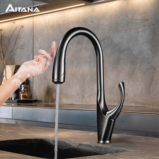 High-End Touch Black Faucet Brass Pull-Out Design Three-Function