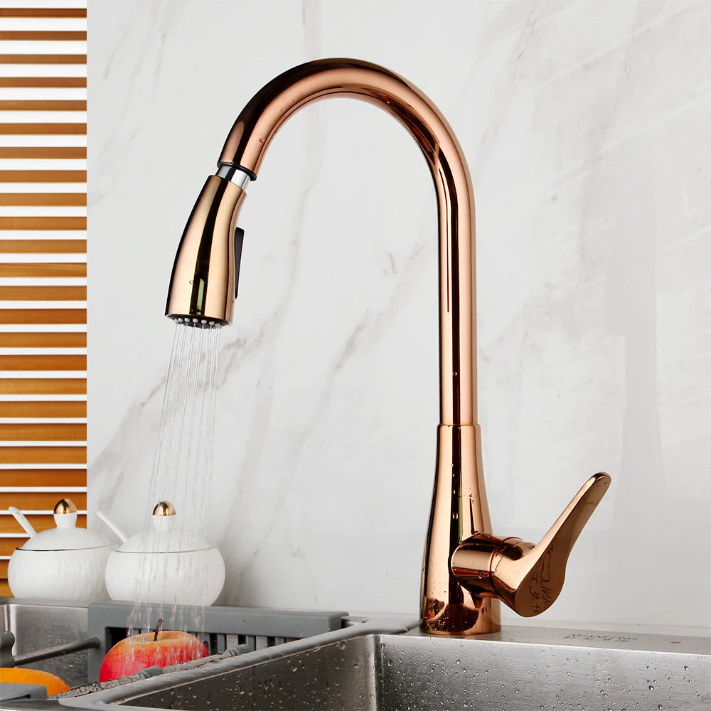 Kemaidi Rose Gold Sink Faucet Black Handle Pull