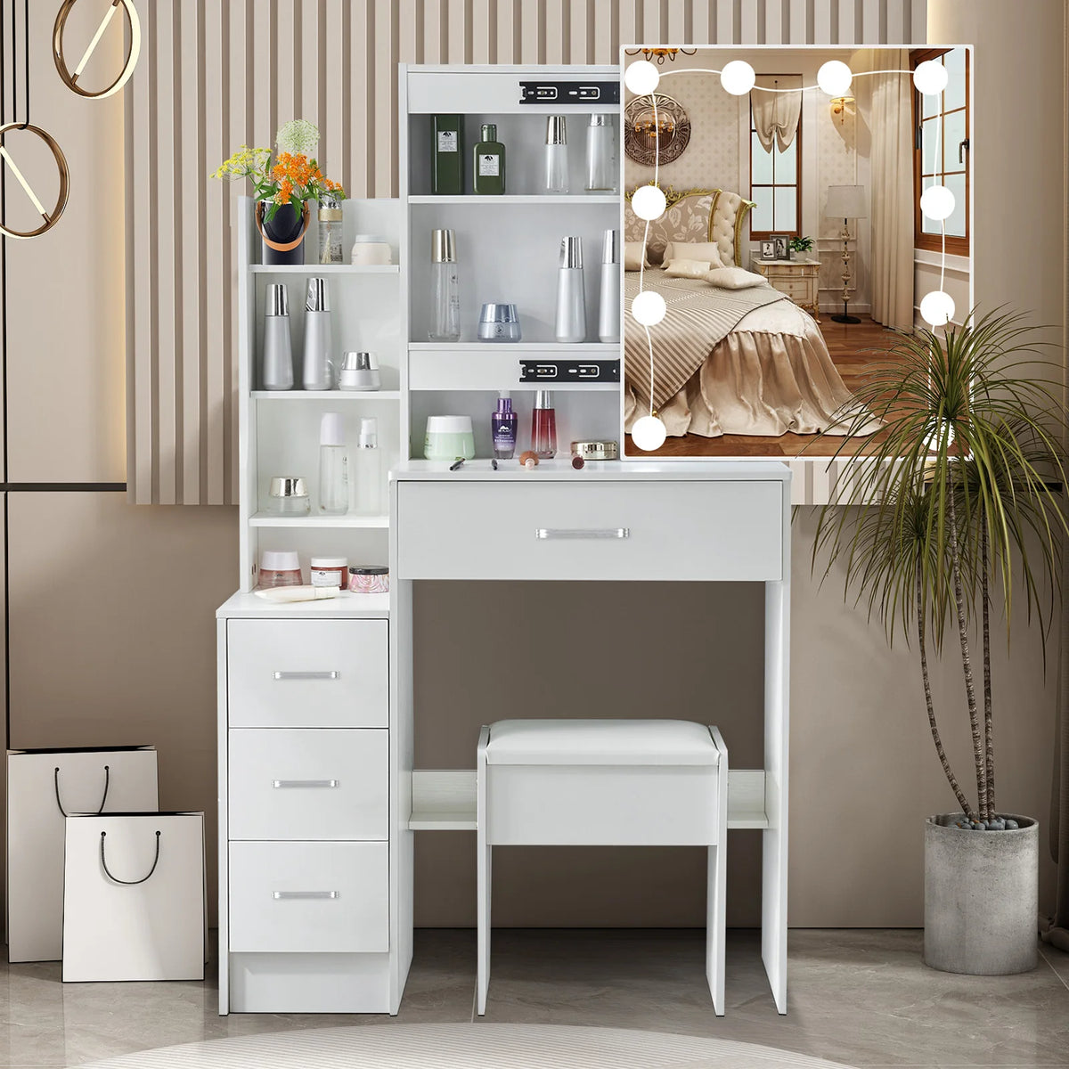White Makeup Dressing Table W/ Lights Sliding Mirror