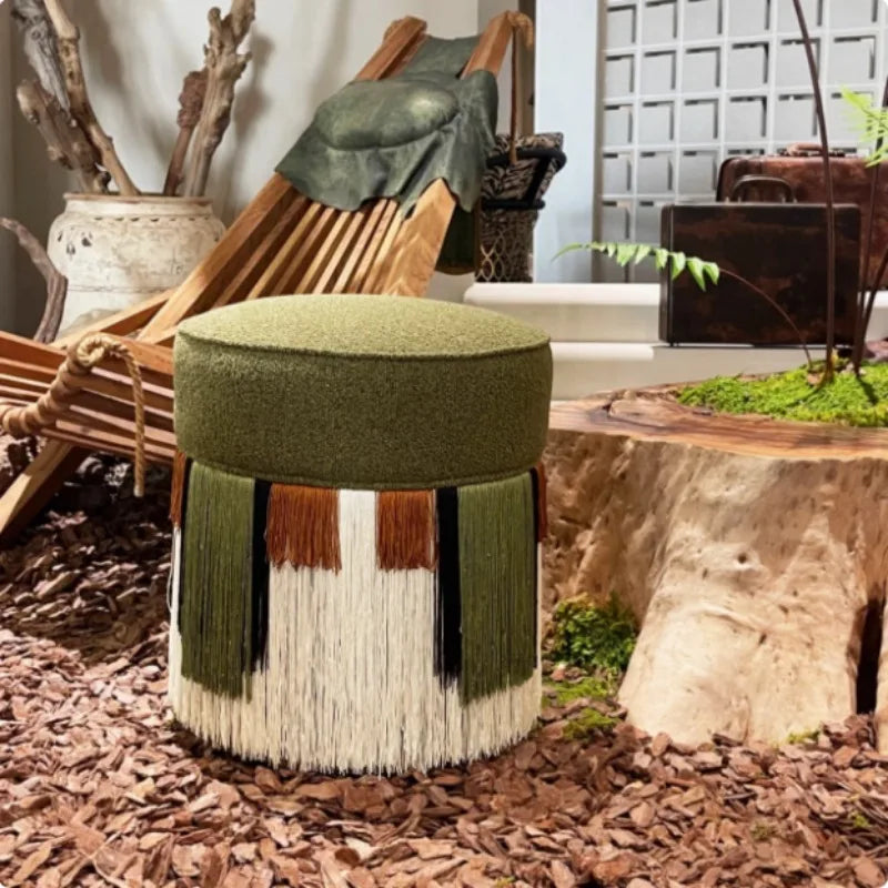 Designer Vintage Tassel Accent Stool Mid-Century Velvet Vanity