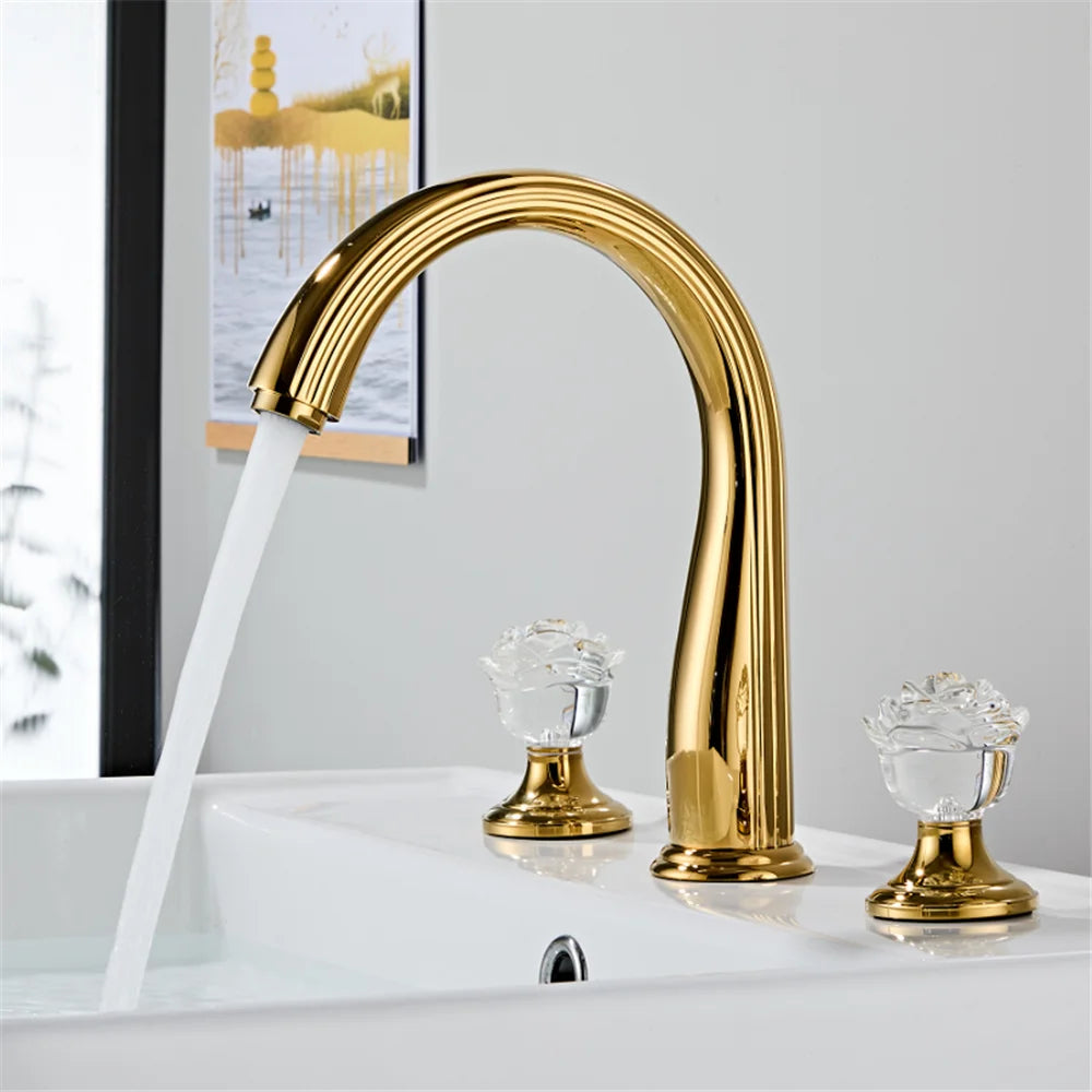 Gold Red Rose Basin Faucet Widespread Sink Tap