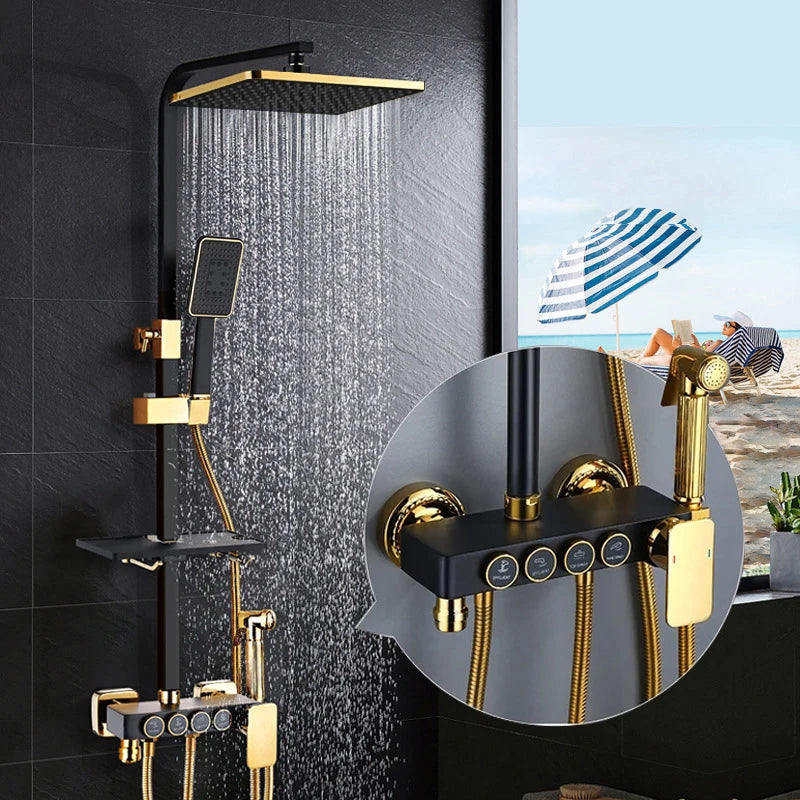 Kemaidi Black Gold Shower Faucet Bathtub 4-Way Mixer