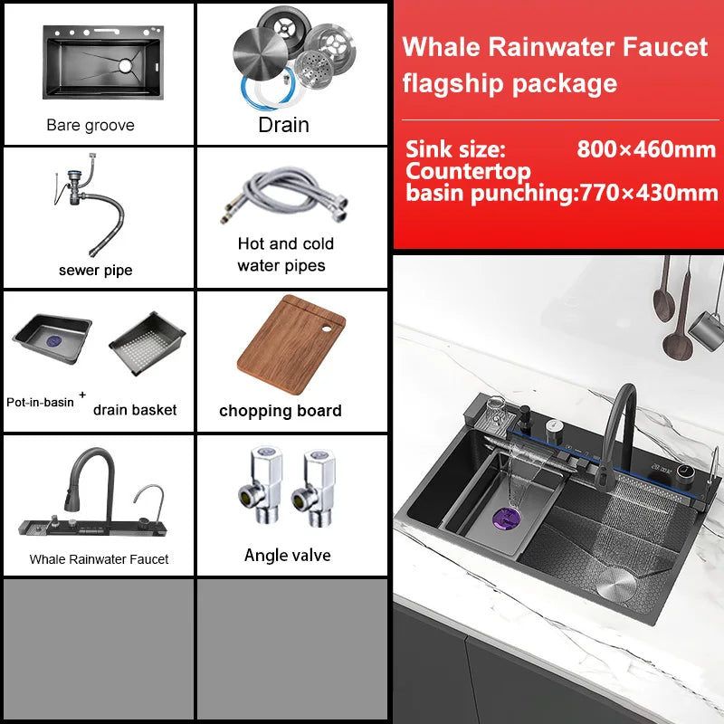 Stainless Steel Waterfall Sink Extra Large Bowl Digital