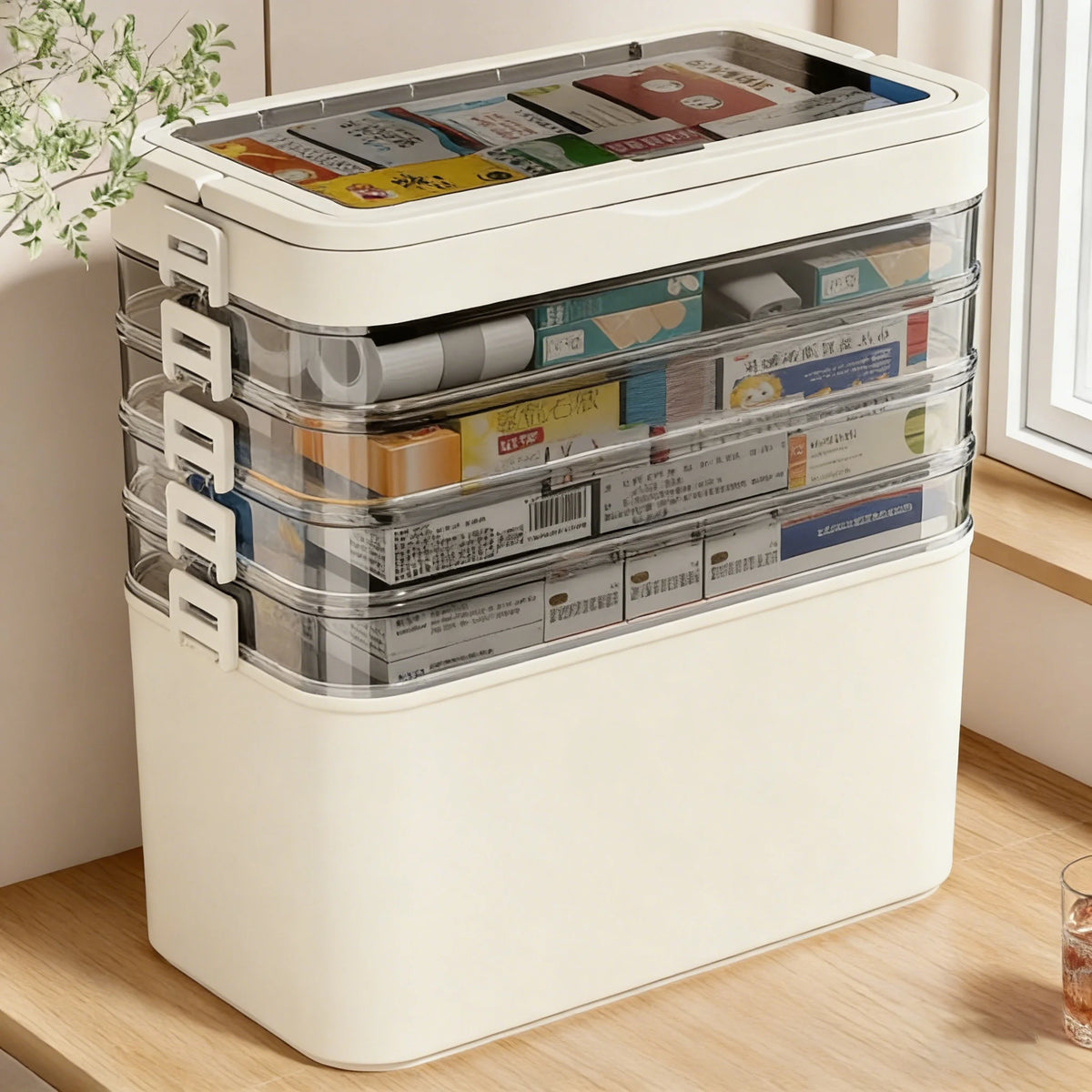 Multi-Layered Milk Tea-Colored Medicine Storage Box - Equipped