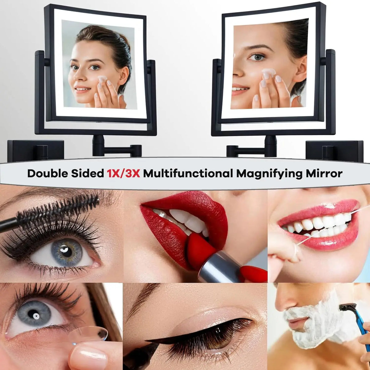 Square Touch Led Folding Bathroom Mirror 3x Magnifying