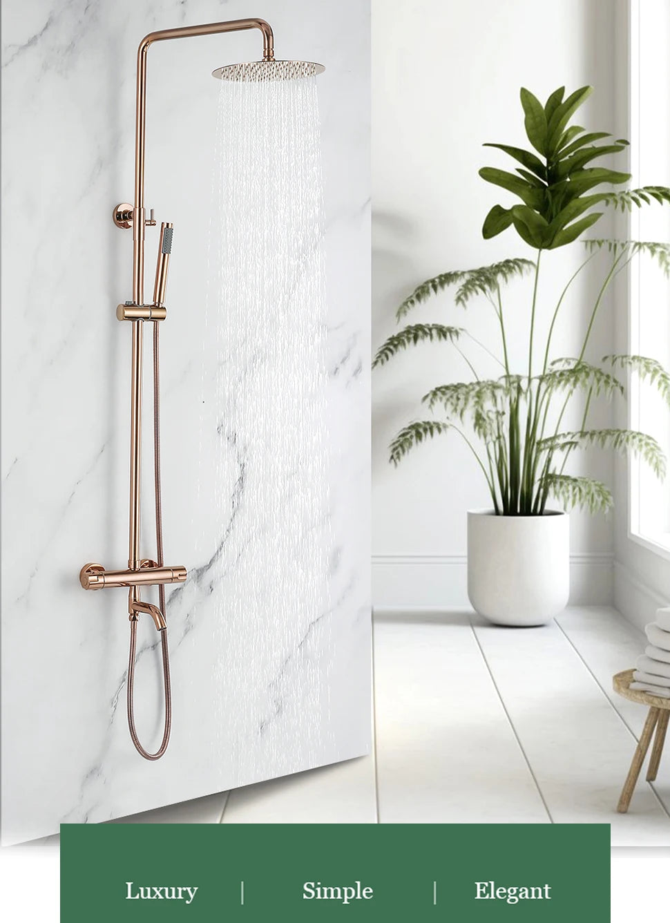 Brushed Rose Gold Thermostatic Exposed Shower System Rainfall
