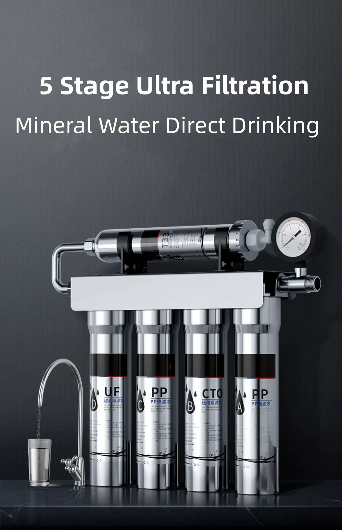 Eiree Stainless Steel 5-Stage Water Purifier Pressure Gauge