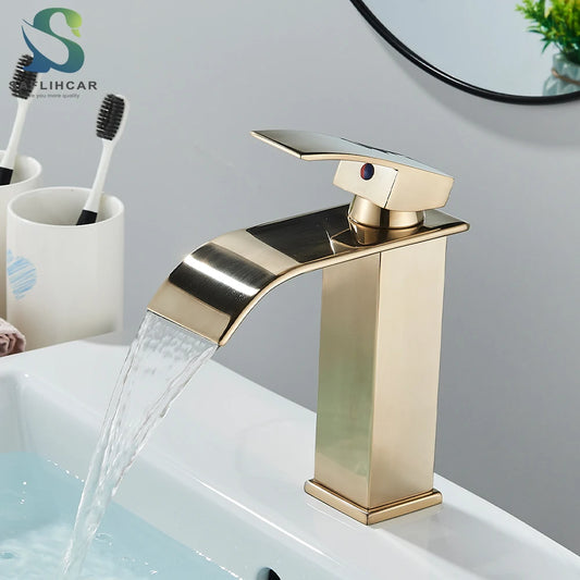 Brushed Gold Basin Sink Faucet Waterfall Outlet Vanity