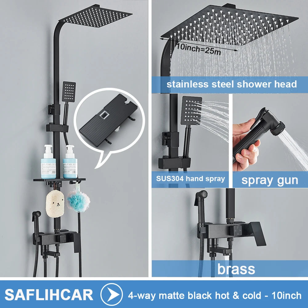 Black/Chrome Brass Shower Faucets Rainfall Shower Shelf Cold
