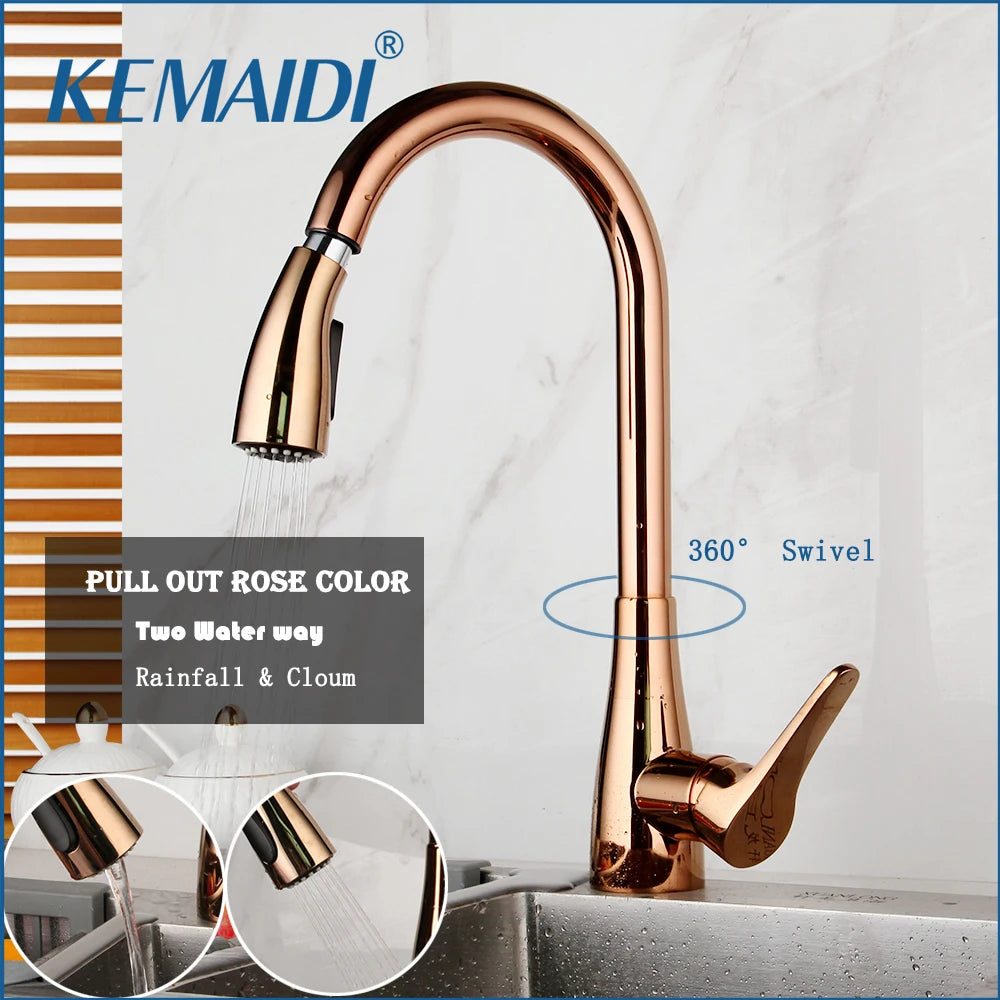 Kemaidi Rose Gold Sink Faucet Black Handle Pull