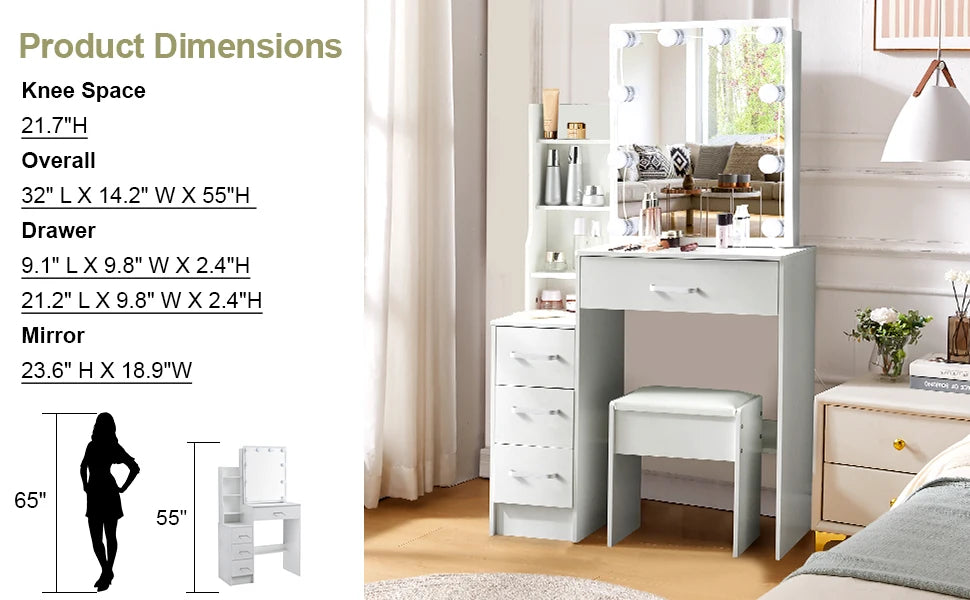 Led Vanity Table Sliding Mirror White Makeup Desk