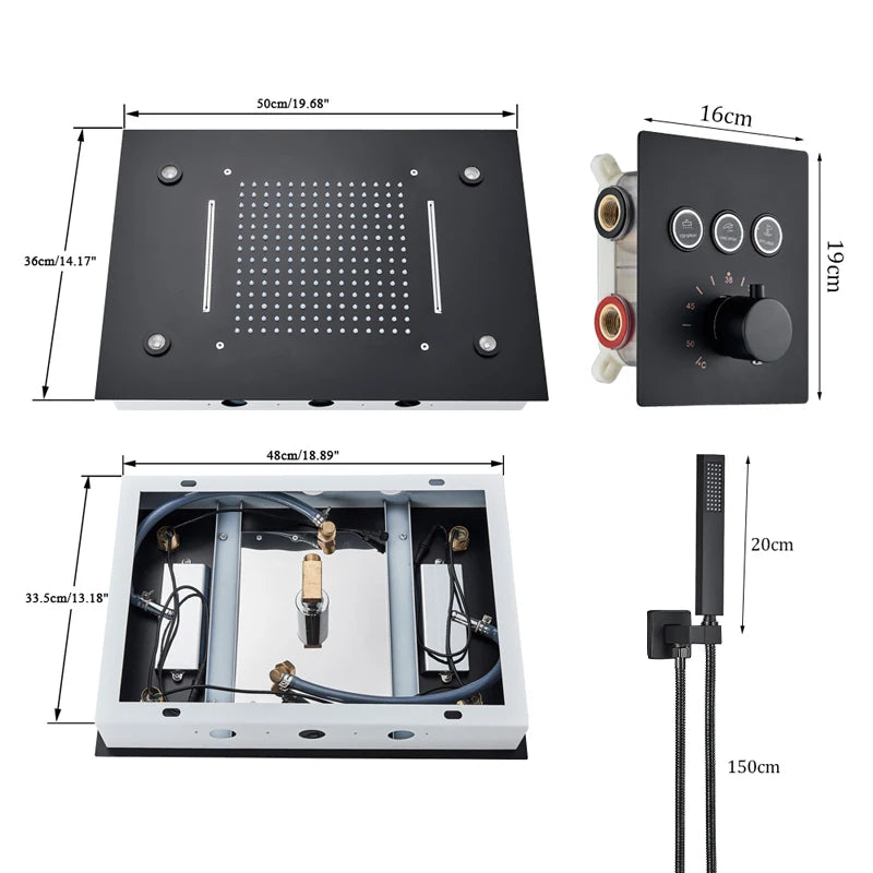 Shinesia Black Thermostat Rainfall Concealed Shower Led Hidden