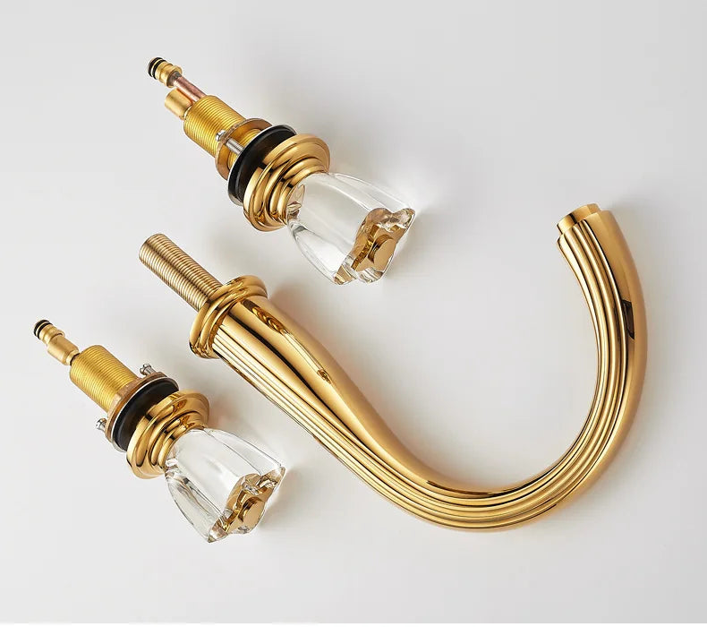 French Brass Bathroom Gold Three-Hole Basin Faucet Cold