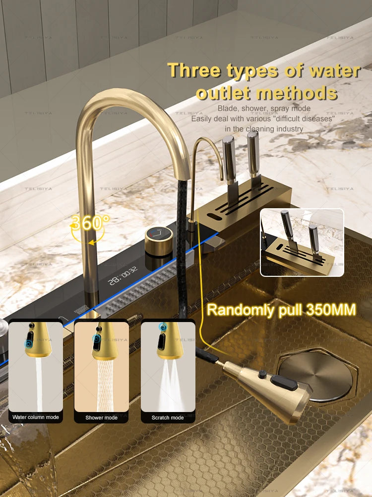 Stainless Steel Golden Sink Waterfall Outlet Slot Piano