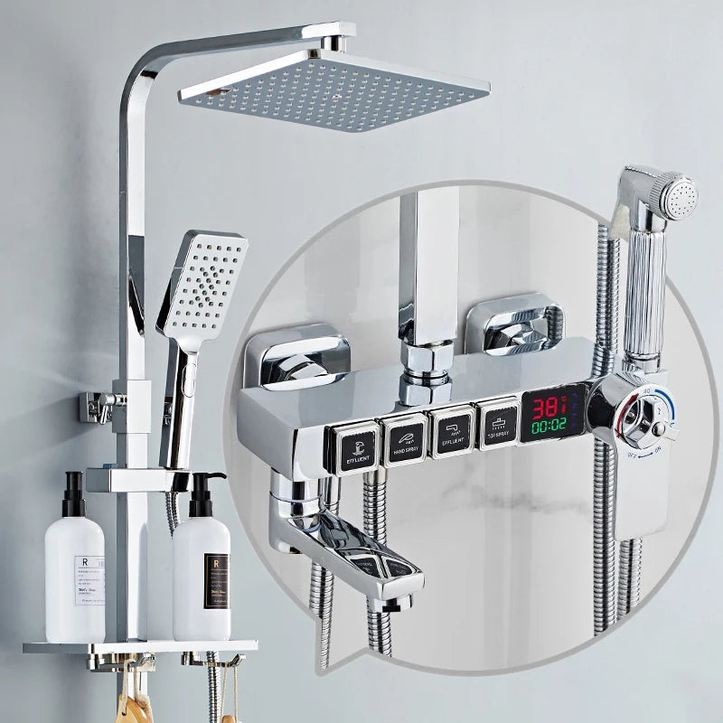 Luxury Thermostatic Bathroom Shower System White Gold Brass