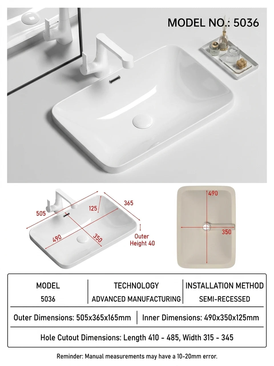 Rectangular Semi Recessed Ceramic Wash Basin Bathroom Countertop