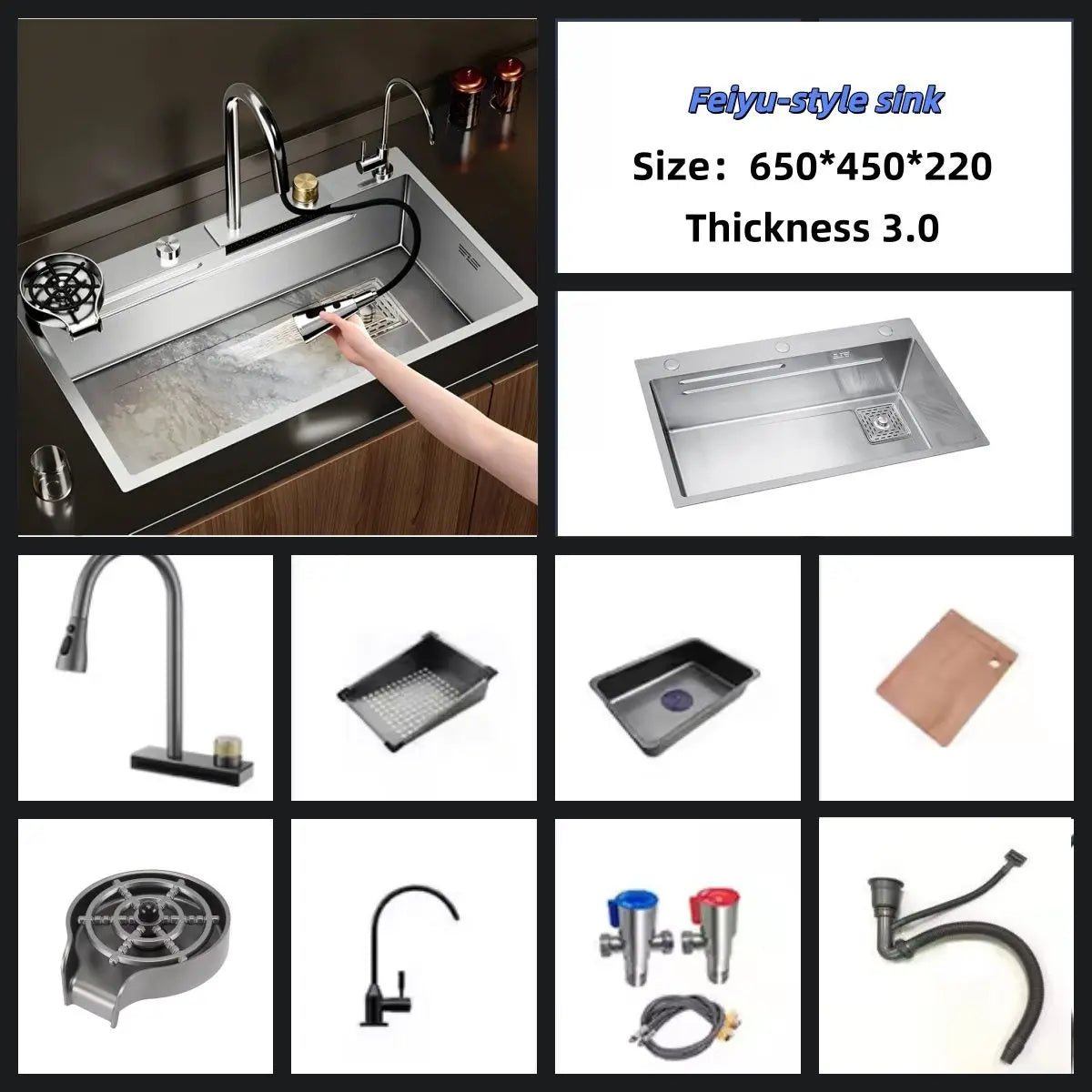 Stainless Steel Sink Waterfall-Style Pull-Out Faucet Large