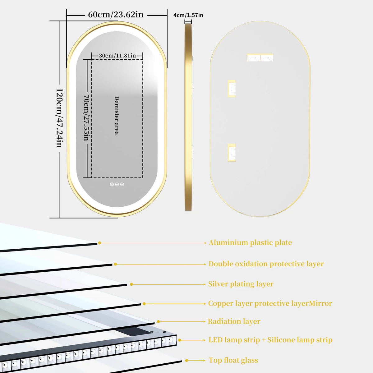 Large Led Oval Bathroom Mirror Stepless Dimmable Lighted