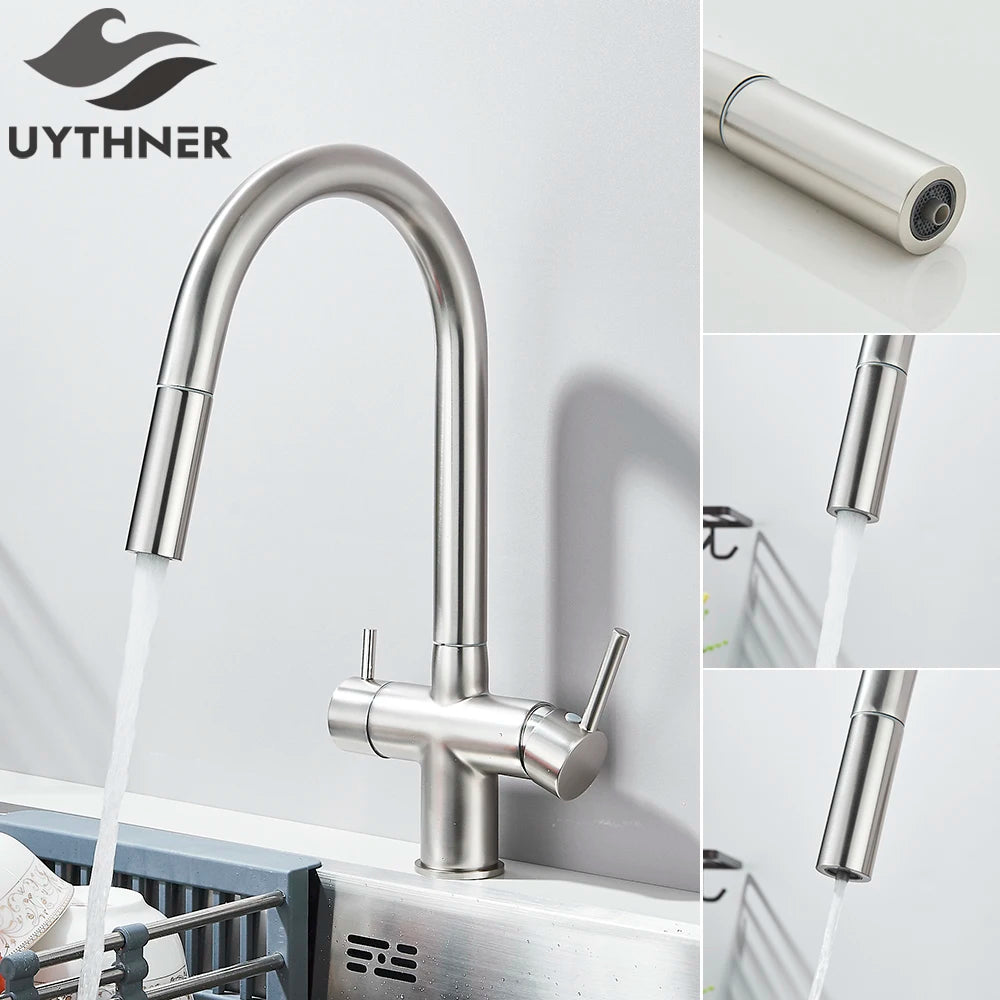 Brushed Gold Water Filter Faucet Dual Spout Pure