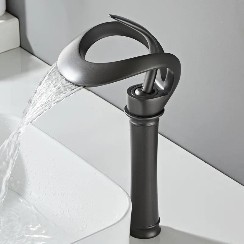 Black Bathroom Basin Taps Handle Waterfall Faucet Solid
