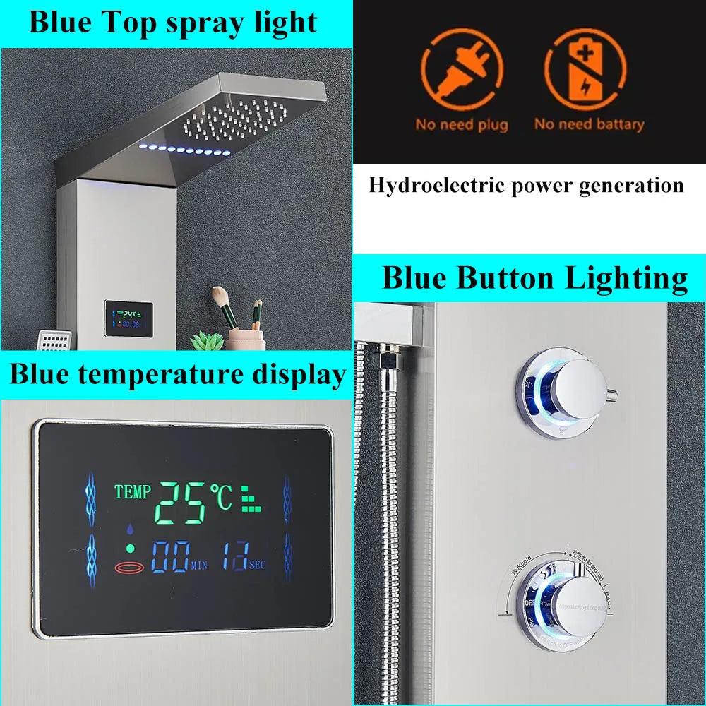 Brushed Nickel Bathroom Led Rainfall Shower Faucet Digital
