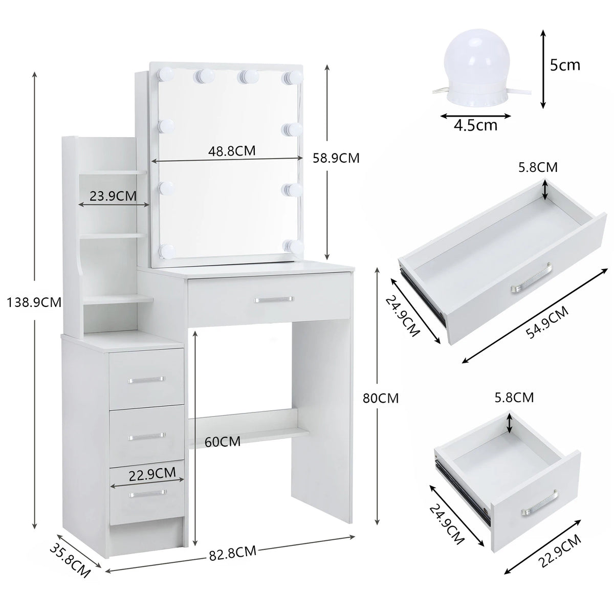 Led Vanity Table Sliding Mirror White Makeup Desk