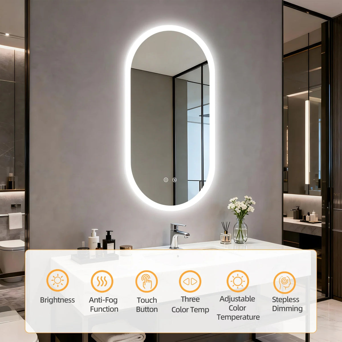 80/100/120cm Long Oval Led Bathroom Mirror Backlit Wall