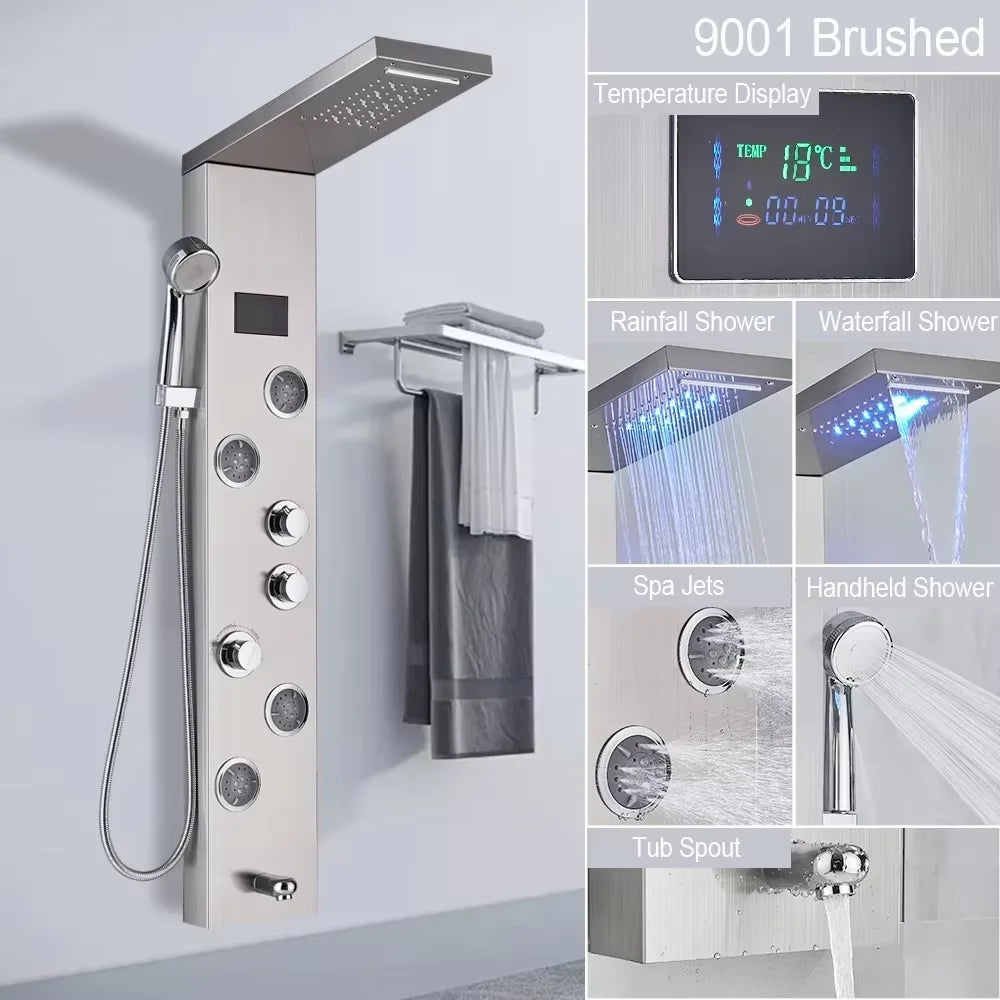 Led Shower Panel Waterfall Rain Temperature Digital Display
