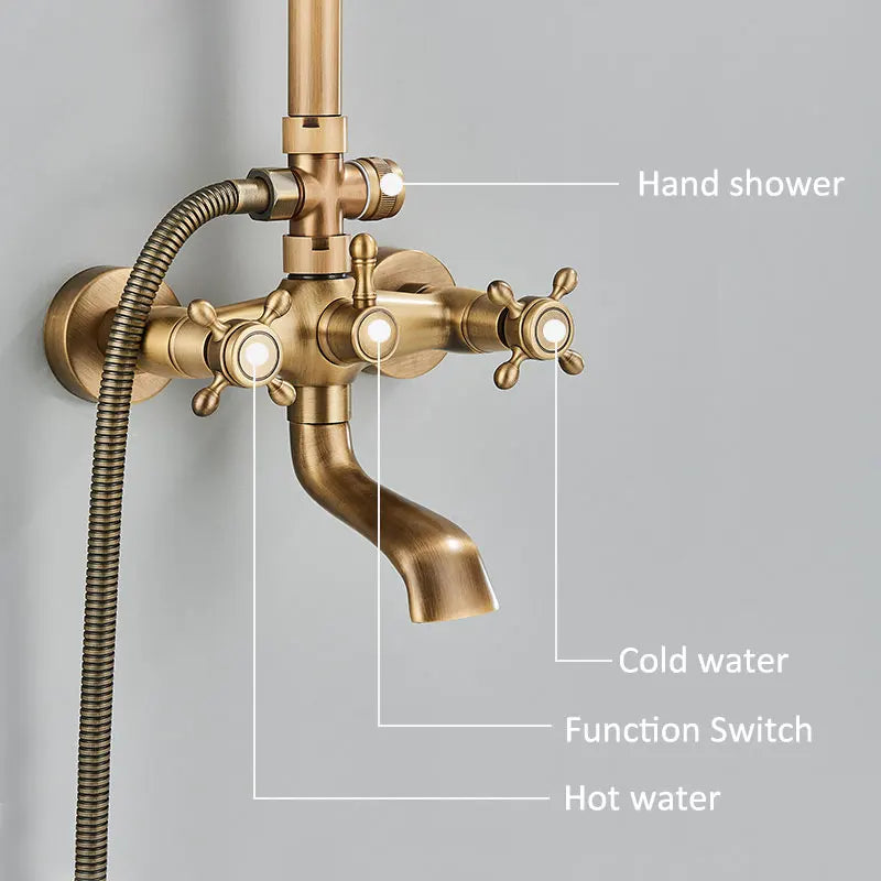 Antique Brass Shower Faucet Inch Rainfall Shower Head