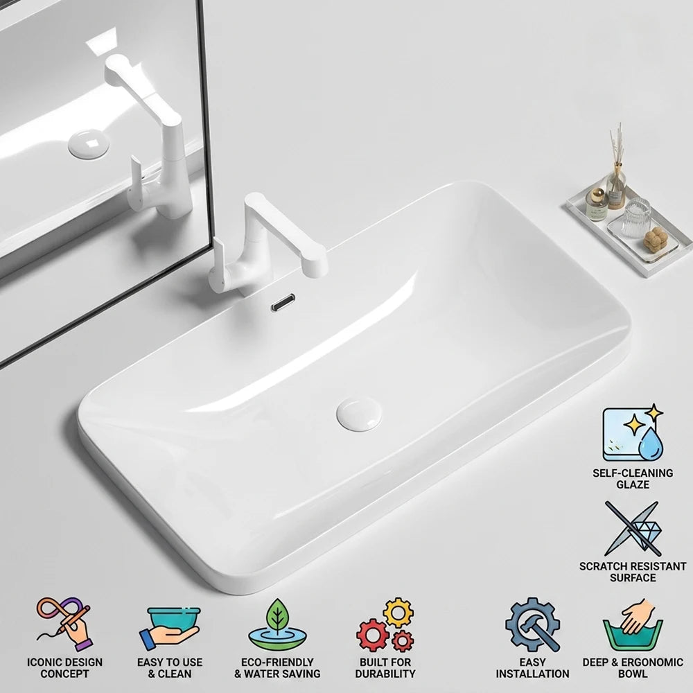 Rectangular Semi Recessed Ceramic Wash Basin Bathroom Countertop