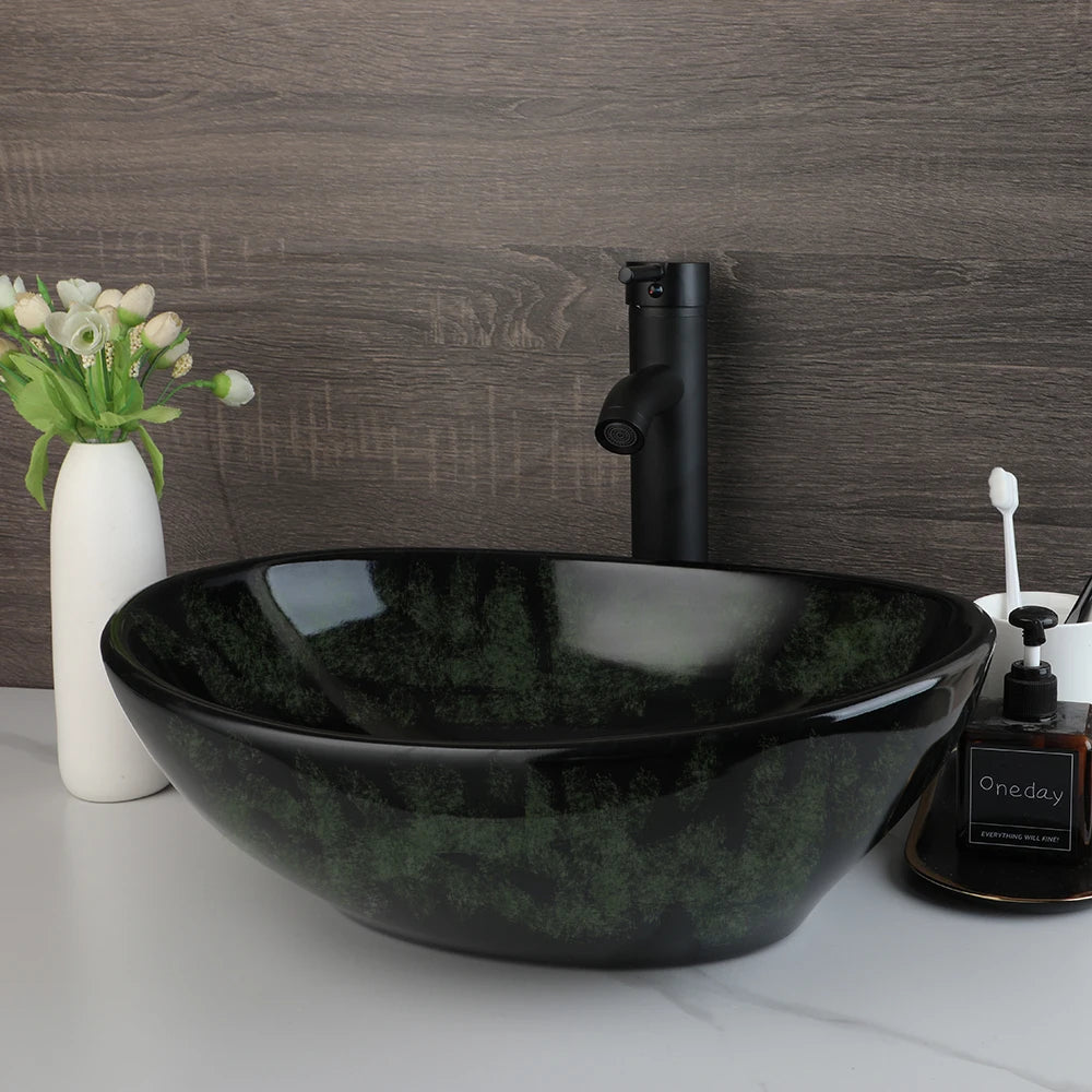 Kemaidi Oval Vessel Sink Faucet White Marbling Bathroom