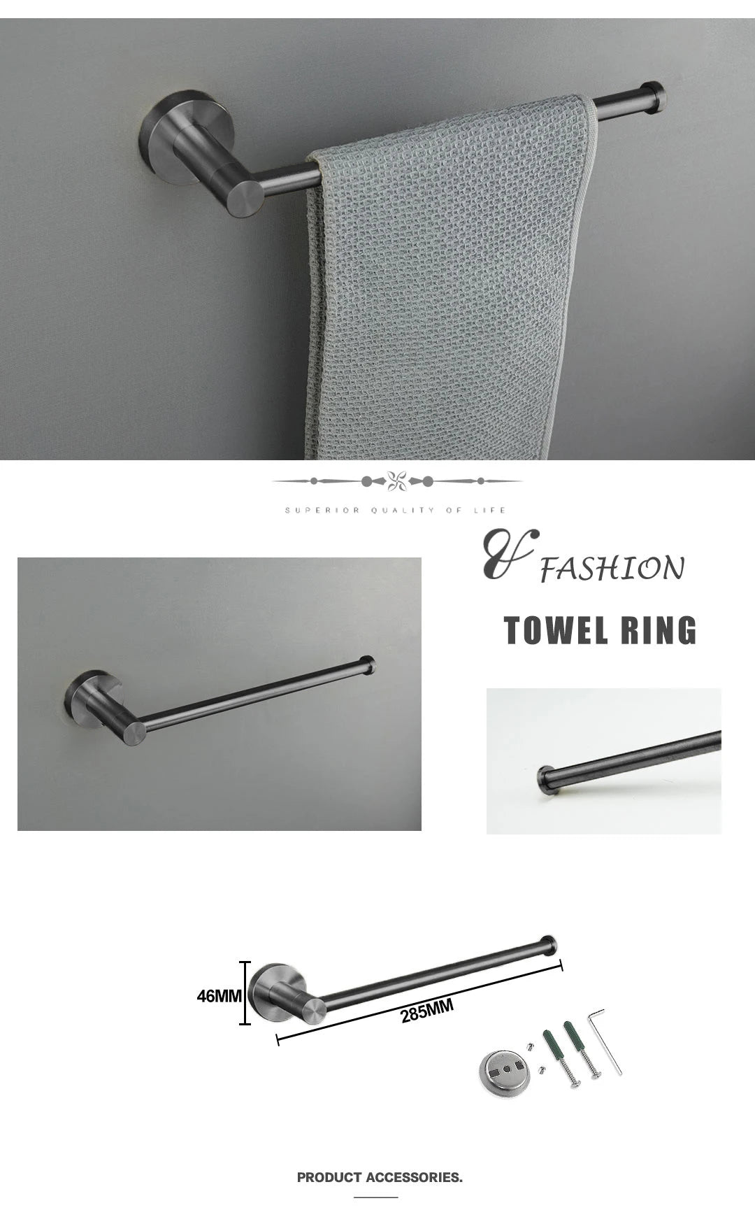 Grey Bathroom Hardware Kit Stainless Steel Round Wall