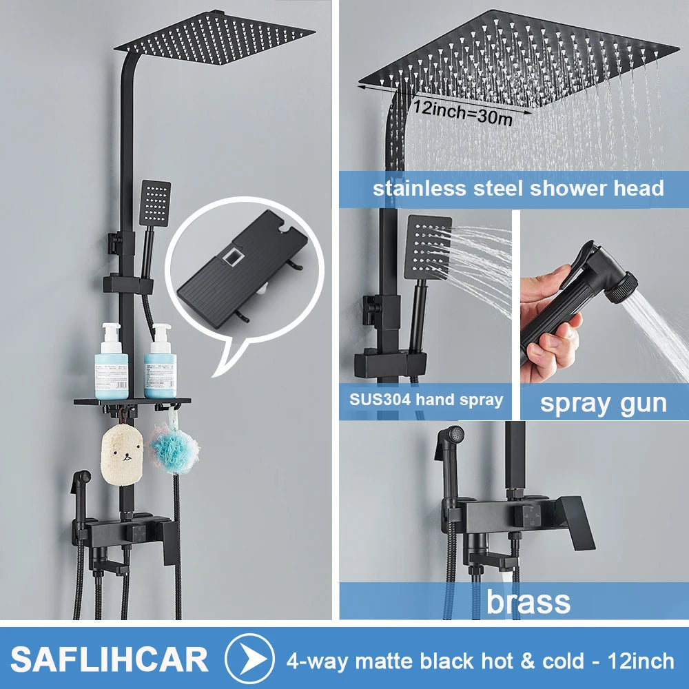 Black/Chrome Brass Shower Faucets Rainfall Shower Shelf Cold