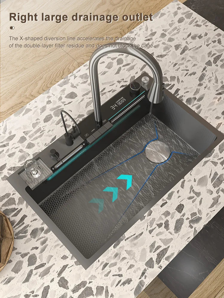 Stainless Steel Waterfall Sink Digital Display Large Slot