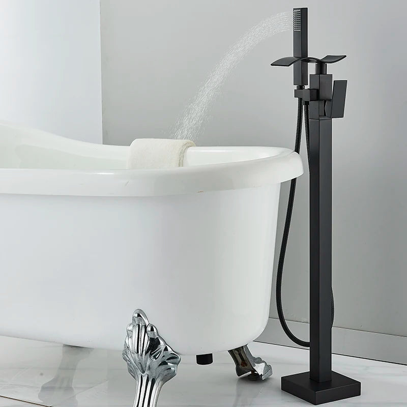 Matte Black Square Bathtub Shower Faucets Floor Standing