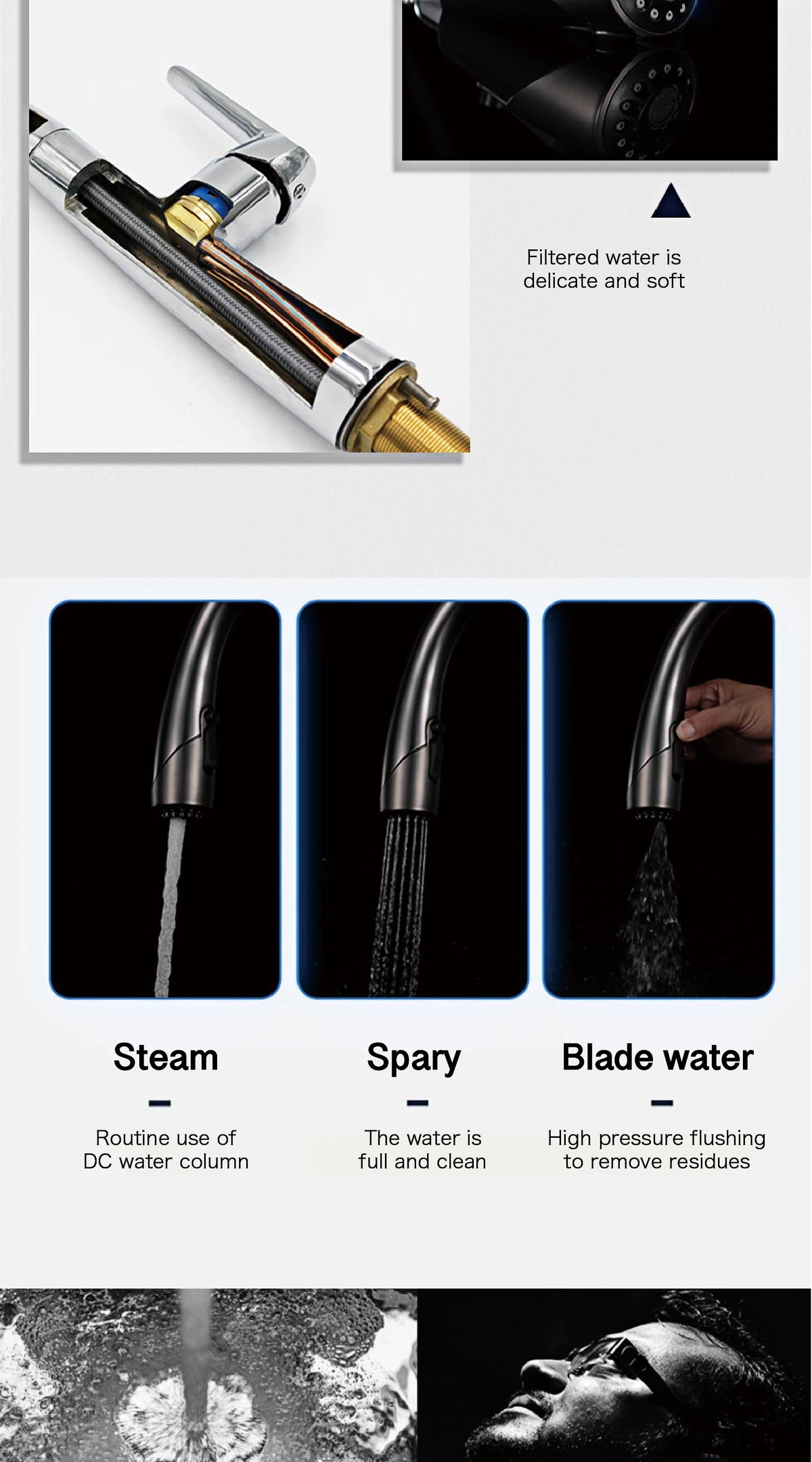 High-End Touch Black Faucet Brass Pull-Out Design Three-Function