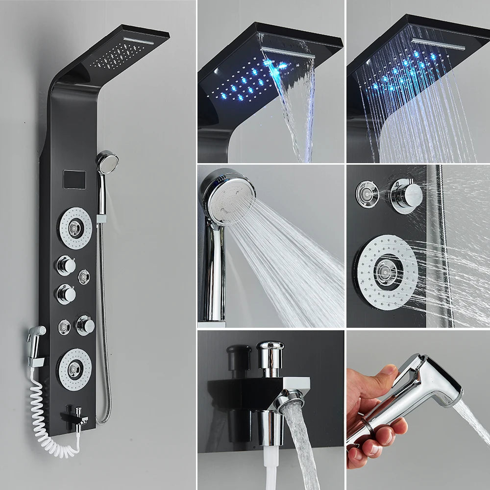 Newly Luxury Black/Brushed Bathroom Shower Faucet Led Shower