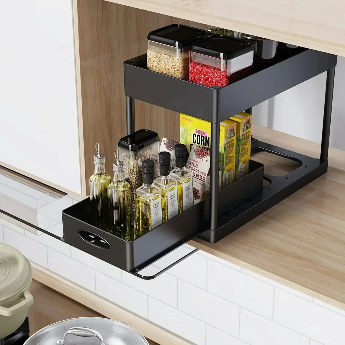 Tier Under Sink Organizer Sliding Storage Rack Hooks