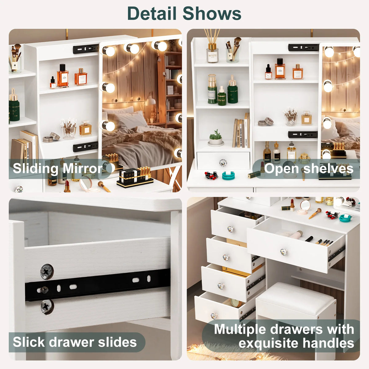 Teousev White Led Makeup Vanity Sliding Mirror 3-Color