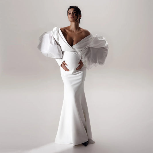 Elegant White Mermaid Maternity Dress Photoshoot Off Shoulder