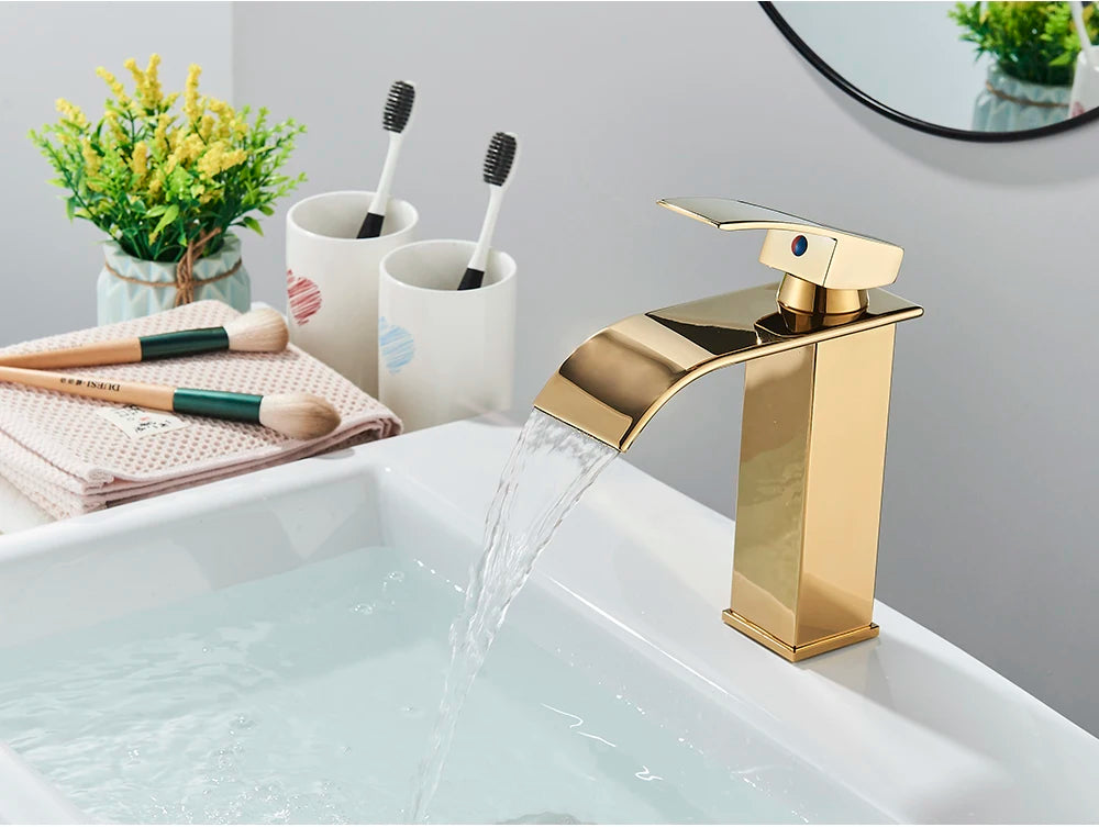 Brushed Golden Basin Faucets Elegant Waterfall Bathroom Sink