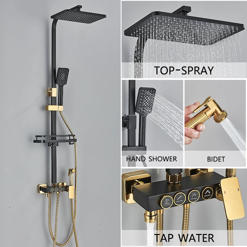 Black Gold Brass Rainfall Shower Faucet Stainless Steel